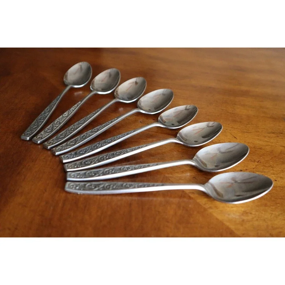 Lot 8x Imperial International IIC DAVOS Stainless Black Floral Teaspoon 6.4